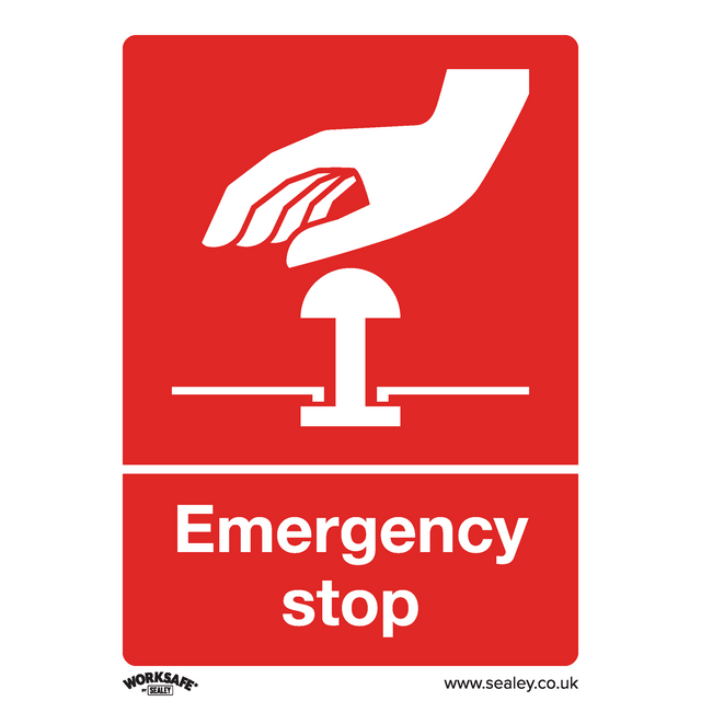 The Sealey Safe Conditions Safety Sign - Emergency Stop (SS35V10) features a red sign with a white graphic of a hand pressing a button labeled “Emergency stop.” Made from self-adhesive vinyl, it's ideal for use in commercial environments and offices. The text reads "Emergency stop." Sold in packs of 10.