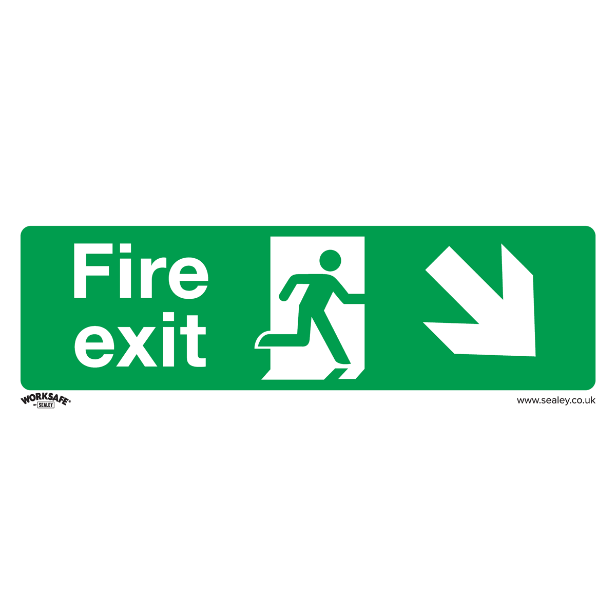 The Sealey Safe Conditions Safety Sign - Fire Exit (Down Right) features a green background with a running figure, an arrow pointing to the lower right, and the text "Fire exit". Made from durable rigid plastic, this sign is ideal for commercial environments. Available in packs of 10 (product code SS36P10).