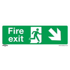 The Sealey Safe Conditions Safety Sign - Fire Exit (Down Right) features a green background with a running figure, an arrow pointing to the lower right, and the text "Fire exit". Made from durable rigid plastic, this sign is ideal for commercial environments. Available in packs of 10 (product code SS36P10).