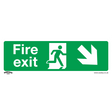 The Safe Conditions Safety Sign - Fire Exit (Down Right) by Sealey is crafted from self-adhesive vinyl and features an icon of a person running through a door with an arrow pointing downwards and to the right. Ideal for office use and commercial environments, this pack includes 10 signs. Model: SS36V10.