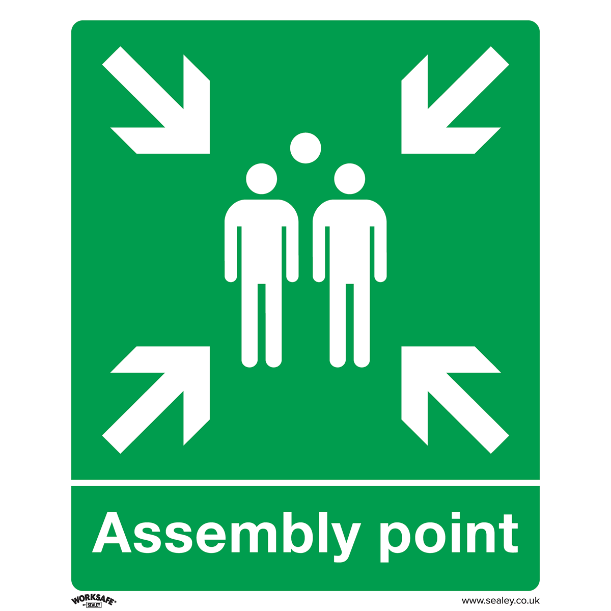 The Sealey Safe Conditions Safety Sign - Assembly Point (SS37P10), crafted from rigid plastic, features a green background with white figures and four inward-pointing arrows. The text "Assembly point" is written underneath, making it ideal for commercial environments such as offices or workshops. Available in a pack of 10.