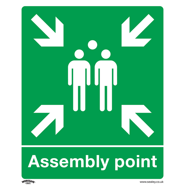 The Sealey Safe Conditions Safety Sign - Assembly Point (SS37P10), crafted from rigid plastic, features a green background with white figures and four inward-pointing arrows. The text "Assembly point" is written underneath, making it ideal for commercial environments such as offices or workshops. Available in a pack of 10.