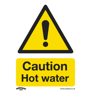 The SS38V1 Warning Safety Sign from Sealey features a prominent yellow background with a black exclamation mark and the text "Caution Hot Water" below it. Made from self-adhesive vinyl, this sign is ideal for office use or commercial environments. For more details, visit www.sealey.co.uk.