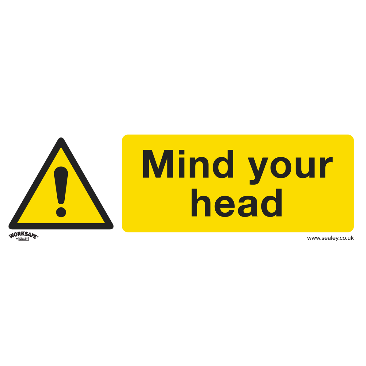 The Sealey Warning Safety Sign - Mind Your Head (SS39P10) is a yellow and black sign with an exclamation mark and the text "Mind your head," ideal for office and commercial environments, made from rigid plastic and available in a pack of 10.