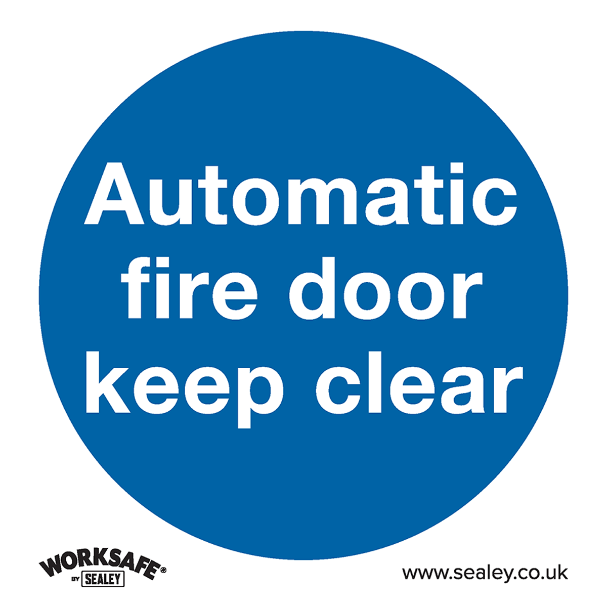 The Mandatory Safety Sign, named "Automatic Fire Door Keep Clear," features blue circular signage with white text instructing to "Automatic fire door keep clear." Constructed from durable rigid plastic, it is ideal for office use. The bottom left displays the Sealey logo, while the bottom right includes "www.sealey.co.uk." This product, identified by code SS3P10, is available in a pack of 10.