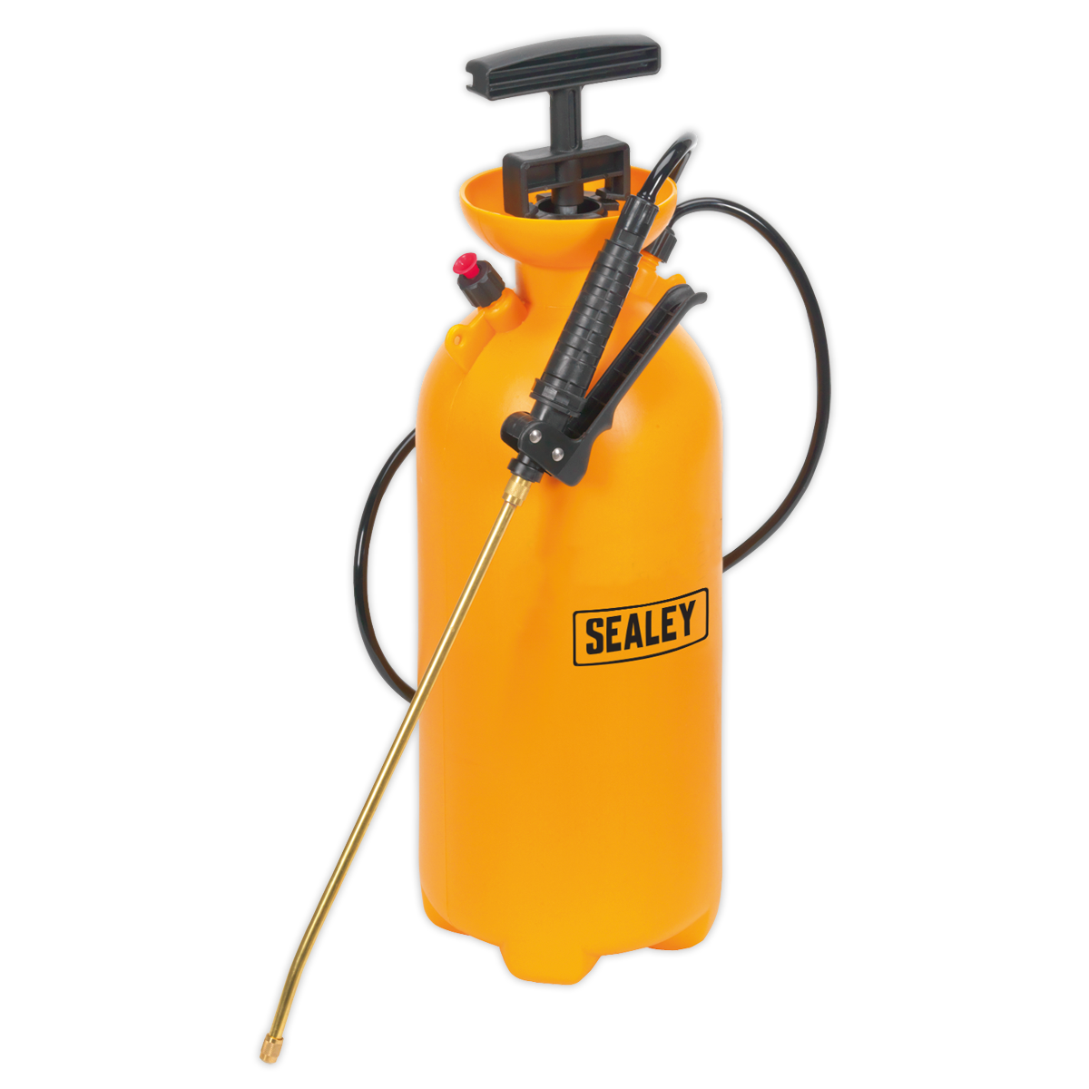 A yellow Sealey hand-pump garden sprayer, model "Pressure Sprayer 8L - SS3," features a black hose and adjustable nozzle for precise fluid spraying.