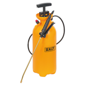 A yellow Sealey hand-pump garden sprayer, model "Pressure Sprayer 8L - SS3," features a black hose and adjustable nozzle for precise fluid spraying.