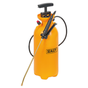 A yellow Sealey hand-pump garden sprayer, model "Pressure Sprayer 8L - SS3," features a black hose and adjustable nozzle for precise fluid spraying.