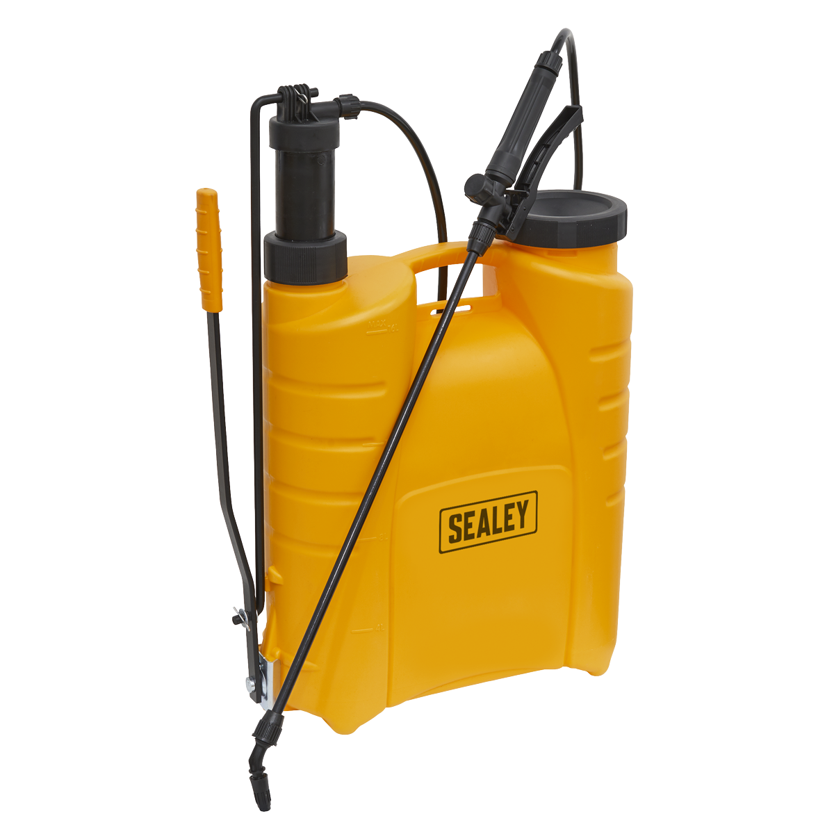 Sealey Backpack Sprayer 16L - SS4, featuring a pump handle and adjustable shoulder straps, is ideal for efficient application of garden chemicals.