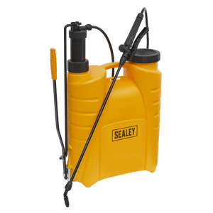 Sealey Backpack Sprayer 16L - SS4, featuring a pump handle and adjustable shoulder straps, is ideal for efficient application of garden chemicals.