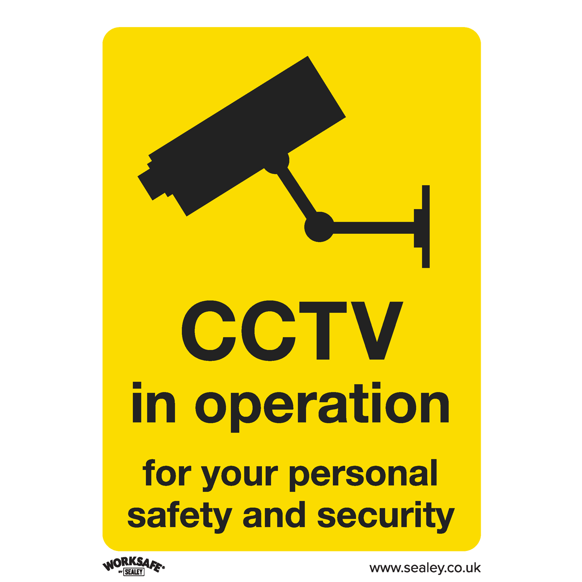 The "Warning Safety Sign - CCTV" by Sealey features a yellow background with a black image of a CCTV camera and text stating "CCTV in operation for your personal safety and security." Ideal for commercial environments, this sign is available in rigid plastic or other durable materials suitable for office use. This product comes as a pack of 10 (SS40P10).