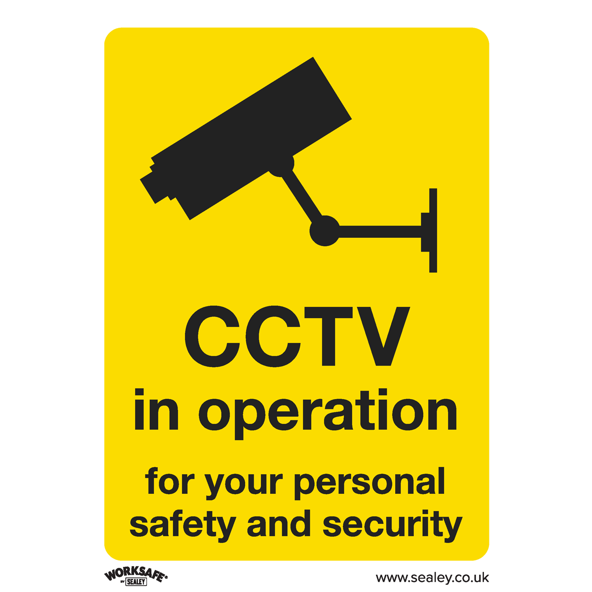 The Sealey Warning Safety Sign, model SS40V10, features a yellow background with a black camera icon and the message "CCTV in operation for your personal safety and security." Suitable for commercial environments, this sign is made from self-adhesive vinyl and includes www.sealey.co.uk at the bottom. It comes in a pack of 10.