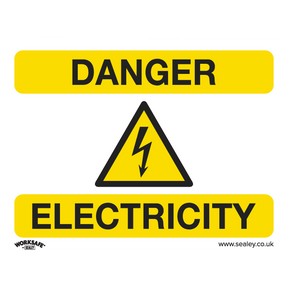 The Sealey Warning Safety Sign - Danger Electricity (SS41V10) features a yellow background with a black lightning bolt symbol and the text "DANGER ELECTRICITY," making it ideal for commercial environments. Made from self-adhesive vinyl, this sign is easy to apply and comes in a convenient pack of 10.