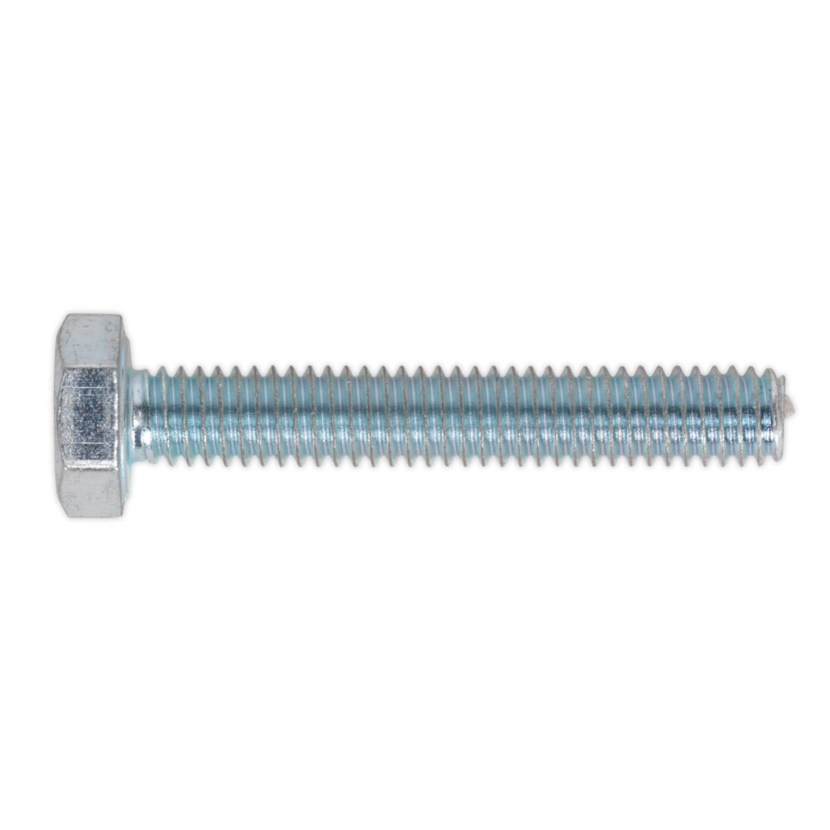 Image of a single HT Setscrew M4 x 25mm 8.8 Zinc from Sealey (Pack of 50 - SS425) with a silver metallic finish on a white background.