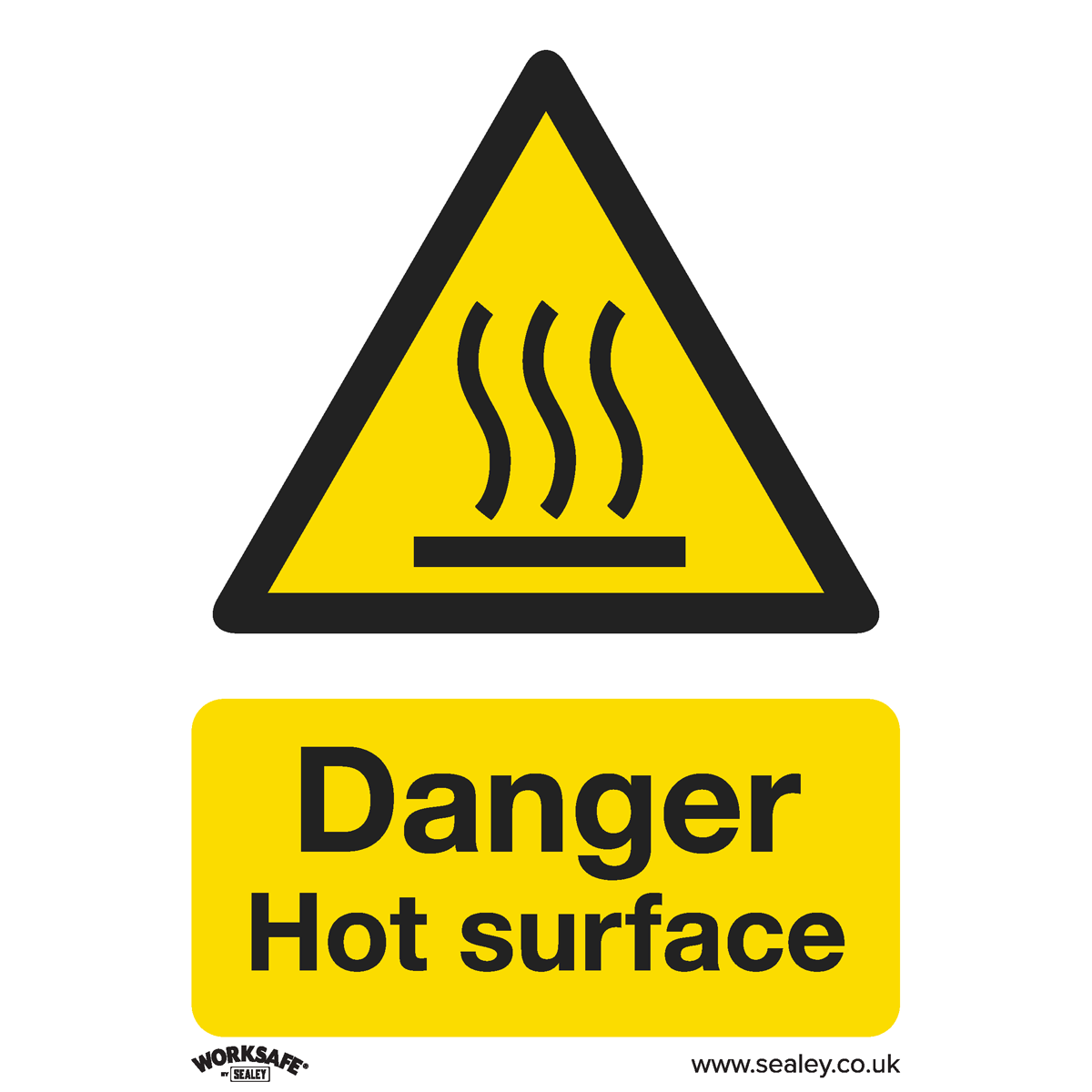 Ensure safety in workshops and commercial environments with the Sealey Warning Safety Sign - Danger Hot Surface. This rigid plastic sign features a yellow warning design, a triangle containing heat lines, and the text "Danger Hot surface." Available in a convenient pack of 10 under product code SS42P10.