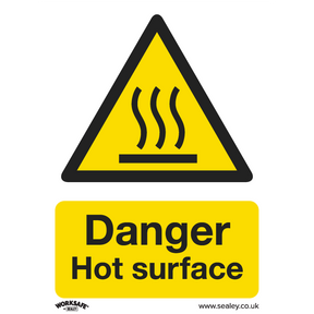 Ensure safety in workshops and commercial environments with the Sealey Warning Safety Sign - Danger Hot Surface. This rigid plastic sign features a yellow warning design, a triangle containing heat lines, and the text "Danger Hot surface." Available in a convenient pack of 10 under product code SS42P10.