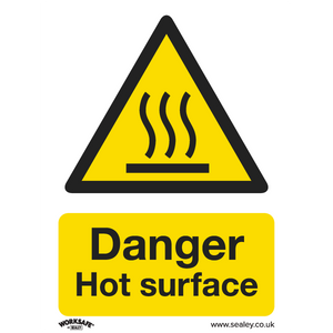 Ensure safety in workshops and commercial environments with the Sealey Warning Safety Sign - Danger Hot Surface. This rigid plastic sign features a yellow warning design, a triangle containing heat lines, and the text "Danger Hot surface." Available in a convenient pack of 10 under product code SS42P10.