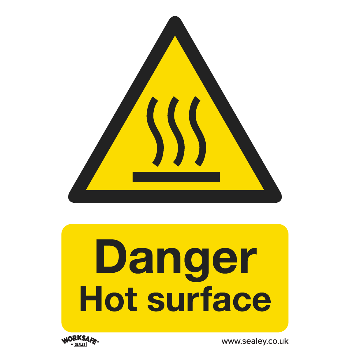 The Sealey Warning Safety Sign - Danger Hot Surface (SS42P1) features a triangle with three heat waves above a surface, along with "Danger Hot Surface" written in black text on a yellow background. This rigid plastic sign is ideal for both office and commercial environments, ensuring durability and clear communication of potential hazards.