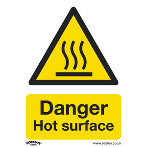 The Sealey Warning Safety Sign - Danger Hot Surface (SS42P1) features a triangle with three heat waves above a surface, along with "Danger Hot Surface" written in black text on a yellow background. This rigid plastic sign is ideal for both office and commercial environments, ensuring durability and clear communication of potential hazards.