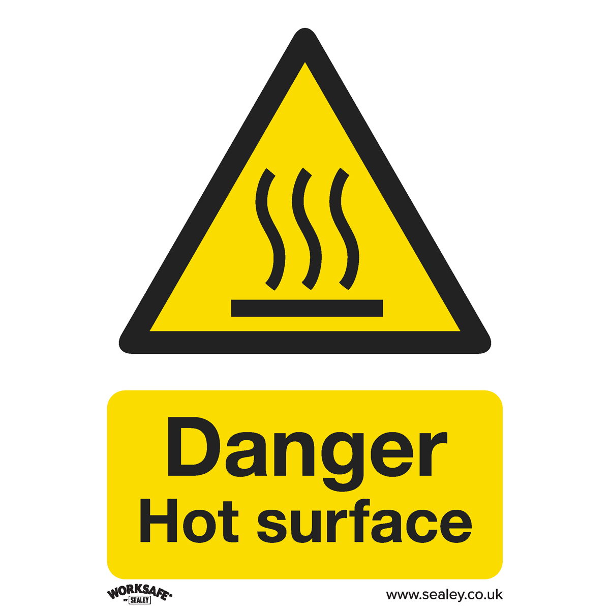 The Sealey Warning Safety Sign - Danger Hot Surface (SS42V1) features a yellow triangle containing steam lines above a flat surface with the text "Danger Hot Surface" below. Ideal for commercial settings, this self-adhesive vinyl sign ensures safety and compliance wherever it's placed.