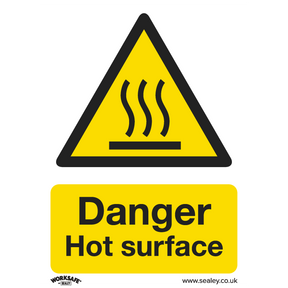 The Sealey Warning Safety Sign - Danger Hot Surface (SS42V1) features a yellow triangle containing steam lines above a flat surface with the text "Danger Hot Surface" below. Ideal for commercial settings, this self-adhesive vinyl sign ensures safety and compliance wherever it's placed.