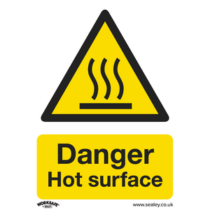 The Sealey Warning Safety Sign - Danger Hot Surface (SS42V1) features a yellow triangle containing steam lines above a flat surface with the text "Danger Hot Surface" below. Ideal for commercial settings, this self-adhesive vinyl sign ensures safety and compliance wherever it's placed.