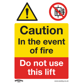 Warning Safety Sign with a triangle exclamation mark and a no fire symbol by Sealey. Text reads: "Caution. In the event of fire, Do not use this lift." The Sealey Warning Safety Sign - Caution Do Not Use Lift (Product Code: SS43P10) is ideal for office or commercial environments and is made from durable rigid plastic, available in a pack of 10.