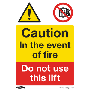 Warning Safety Sign with a triangle exclamation mark and a no fire symbol by Sealey. Text reads: "Caution. In the event of fire, Do not use this lift." The Sealey Warning Safety Sign - Caution Do Not Use Lift (Product Code: SS43P10) is ideal for office or commercial environments and is made from durable rigid plastic, available in a pack of 10.