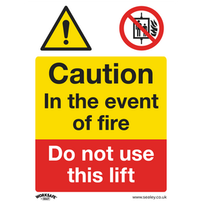 With a yellow caution triangle, text stating "Caution In the event of fire Do not use this lift," and a red prohibition circle with a lift and flames, the Sealey Warning Safety Sign - Caution Do Not Use Lift (SS43V10) is perfect for commercial environments. This self-adhesive vinyl sign ensures safety in office use and comes in a pack of 10.