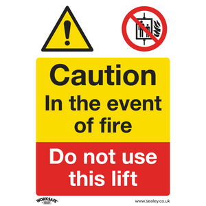 With a yellow caution triangle, text stating "Caution In the event of fire Do not use this lift," and a red prohibition circle with a lift and flames, the Sealey Warning Safety Sign - Caution Do Not Use Lift (SS43V10) is perfect for commercial environments. This self-adhesive vinyl sign ensures safety in office use and comes in a pack of 10.