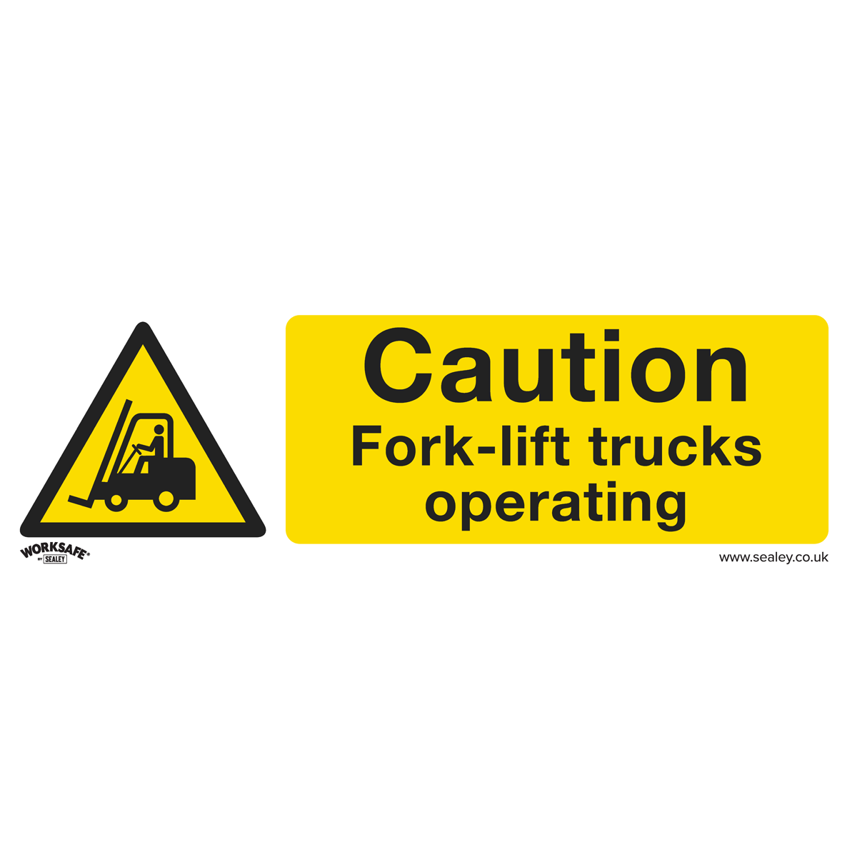 The Sealey Warning Safety Sign (SS44P10) is made of rigid plastic and features a triangular icon of a forklift with the text, "Caution: Fork-lift trucks operating." It's perfect for office or workshop areas and comes in a pack of 10.