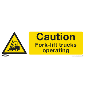 The Sealey Warning Safety Sign (SS44P10) is made of rigid plastic and features a triangular icon of a forklift with the text, "Caution: Fork-lift trucks operating." It's perfect for office or workshop areas and comes in a pack of 10.