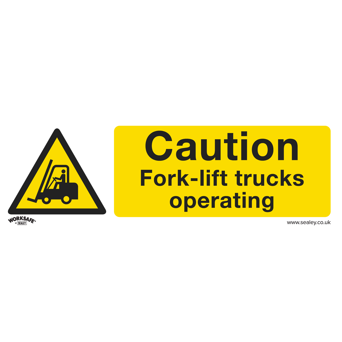 The Sealey Warning Safety Sign - Caution Fork-Lift Trucks (SS44V1) is a yellow caution sign featuring an image of a forklift truck and the text: "Caution. Fork-lift trucks operating." Made from self-adhesive vinyl, this sign is ideal for commercial environments, ensuring safety by alerting everyone in the office.