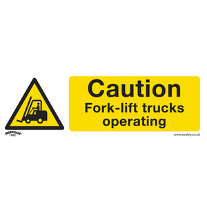 The Sealey Warning Safety Sign - Caution Fork-Lift Trucks (SS44V1) is a yellow caution sign featuring an image of a forklift truck and the text: "Caution. Fork-lift trucks operating." Made from self-adhesive vinyl, this sign is ideal for commercial environments, ensuring safety by alerting everyone in the office.