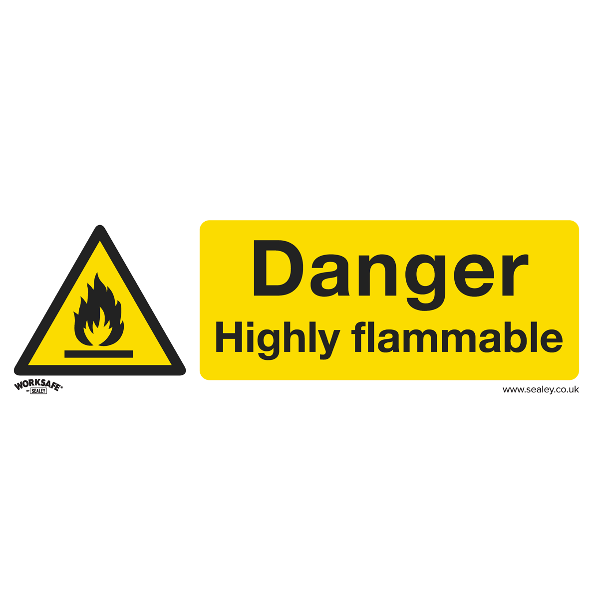 A Sealey Warning Safety Sign, featuring a flame icon and the text "Danger Highly Flammable" on a yellow background, made from durable rigid plastic, ideal for commercial and retail environments. Available in packs of 10 (Product Code: SS45P10).