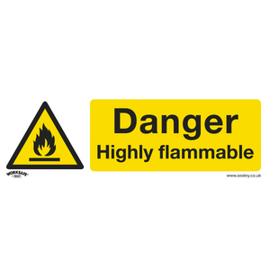 A Sealey Warning Safety Sign, featuring a flame icon and the text "Danger Highly Flammable" on a yellow background, made from durable rigid plastic, ideal for commercial and retail environments. Available in packs of 10 (Product Code: SS45P10).