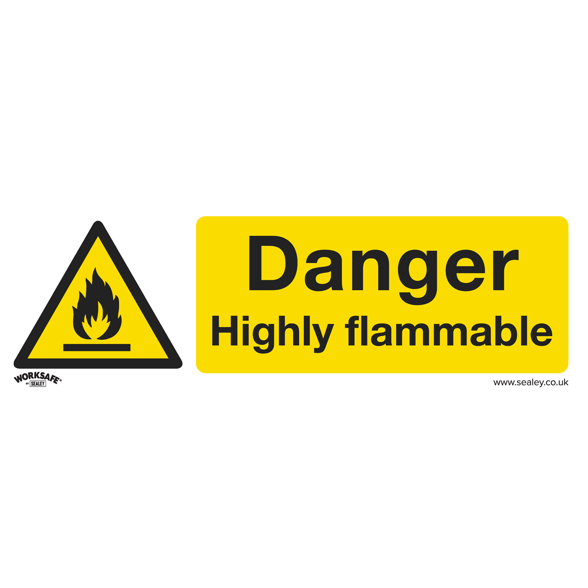 The Sealey Warning Safety Sign - Danger Highly Flammable (SS45P1) features a yellow background with a fire icon on the left and the text "Danger Highly flammable" on the right, making it ideal for office or commercial environments. Constructed from rigid plastic, this sign ensures long-lasting durability.