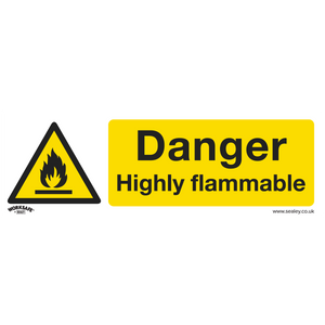 The Sealey Warning Safety Sign - Danger Highly Flammable (SS45P1) features a yellow background with a fire icon on the left and the text "Danger Highly flammable" on the right, making it ideal for office or commercial environments. Constructed from rigid plastic, this sign ensures long-lasting durability.