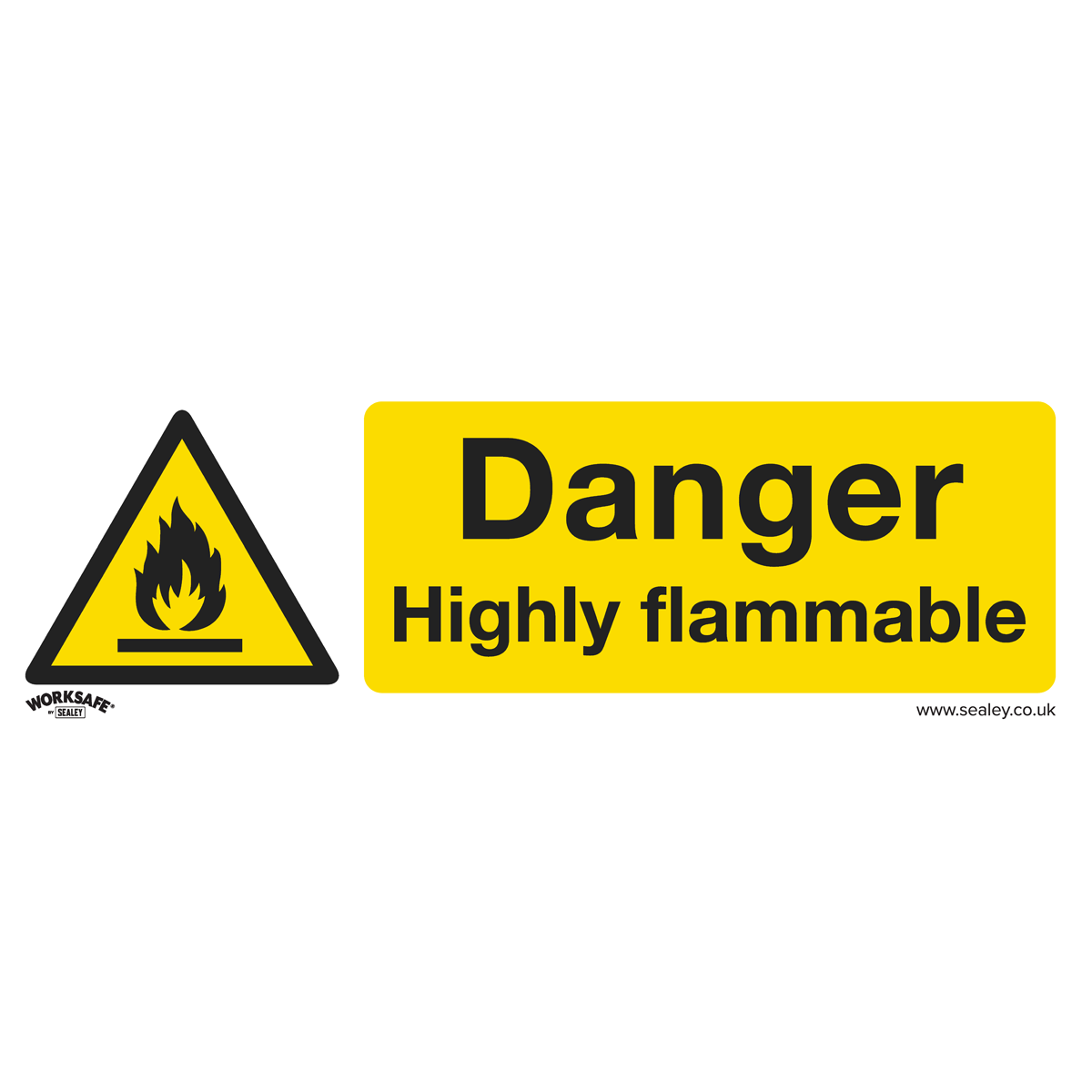 The Sealey Safety Sign - Danger Highly Flammable (SS45V10) features a yellow warning sign with a flame symbol and text reading "Danger: Highly flammable," making it perfect for office use. Available in packs of 10, these self-adhesive vinyl signs ensure both easy application and durability.