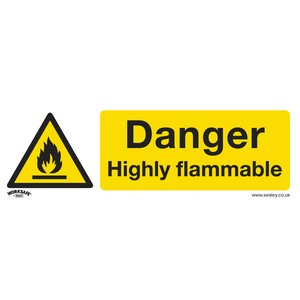 The Sealey Safety Sign - Danger Highly Flammable (SS45V10) features a yellow warning sign with a flame symbol and text reading "Danger: Highly flammable," making it perfect for office use. Available in packs of 10, these self-adhesive vinyl signs ensure both easy application and durability.