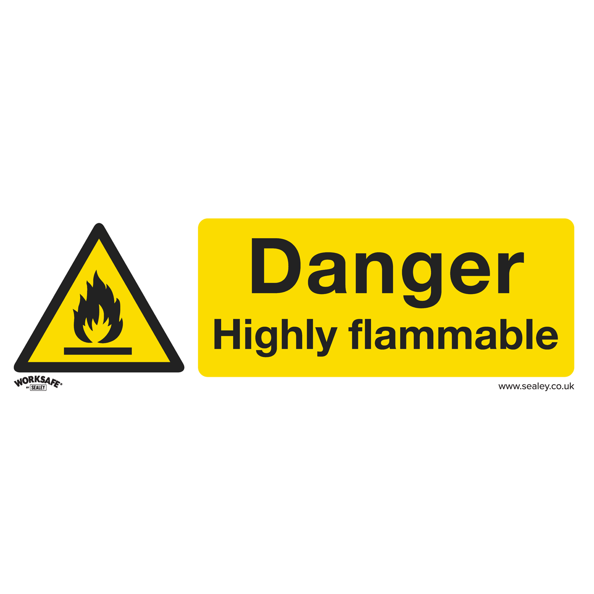 Introducing the Sealey Warning Safety Sign, model SS45V1, featuring a yellow background with a flame icon and the text "Danger Highly Flammable." This durable, self-adhesive vinyl sign is perfect for commercial environments and can be easily applied in any office or workspace.