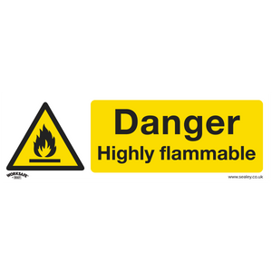 Introducing the Sealey Warning Safety Sign, model SS45V1, featuring a yellow background with a flame icon and the text "Danger Highly Flammable." This durable, self-adhesive vinyl sign is perfect for commercial environments and can be easily applied in any office or workspace.