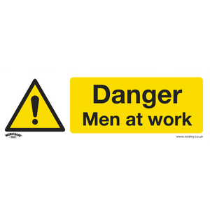 The Sealey Warning Safety Sign - Danger Men At Work (SS46V10) features a yellow and black design with a triangle containing an exclamation mark and a rectangular panel that reads "Danger Men at Work." This self-adhesive vinyl sign is perfect for commercial environments and comes in a convenient pack of 10.