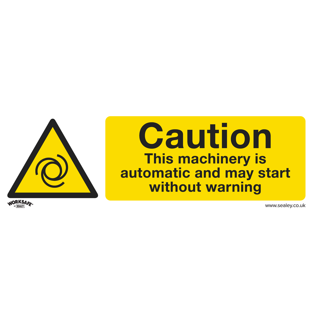 The Warning Safety Sign - Caution Automatic Machinery - Rigid Plastic - SS47P1 by Sealey features a yellow triangle with a spiral symbol and text reading "Caution: This machinery is automatic and may start without warning." Made of rigid plastic, this sign is ideal for commercial environments.