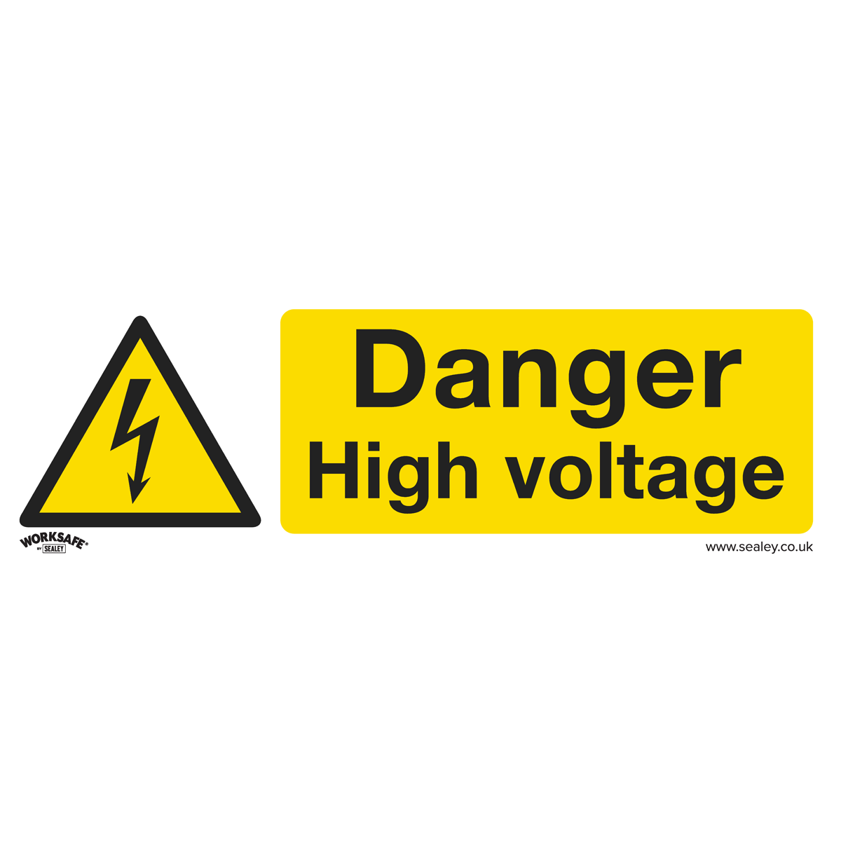 The Sealey Warning Safety Sign - Danger High Voltage - Rigid Plastic - Pack of 10 (SS48P10) features a yellow background with a prominent lightning bolt symbol and the text: "Danger High Voltage." Perfect for commercial environments, these durable signs are made from rigid plastic.