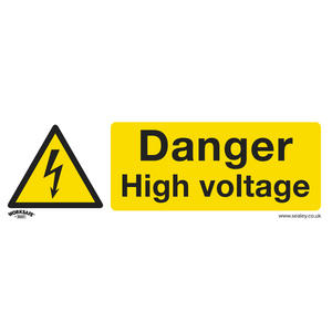 The Sealey Warning Safety Sign - Danger High Voltage - Rigid Plastic - Pack of 10 (SS48P10) features a yellow background with a prominent lightning bolt symbol and the text: "Danger High Voltage." Perfect for commercial environments, these durable signs are made from rigid plastic.