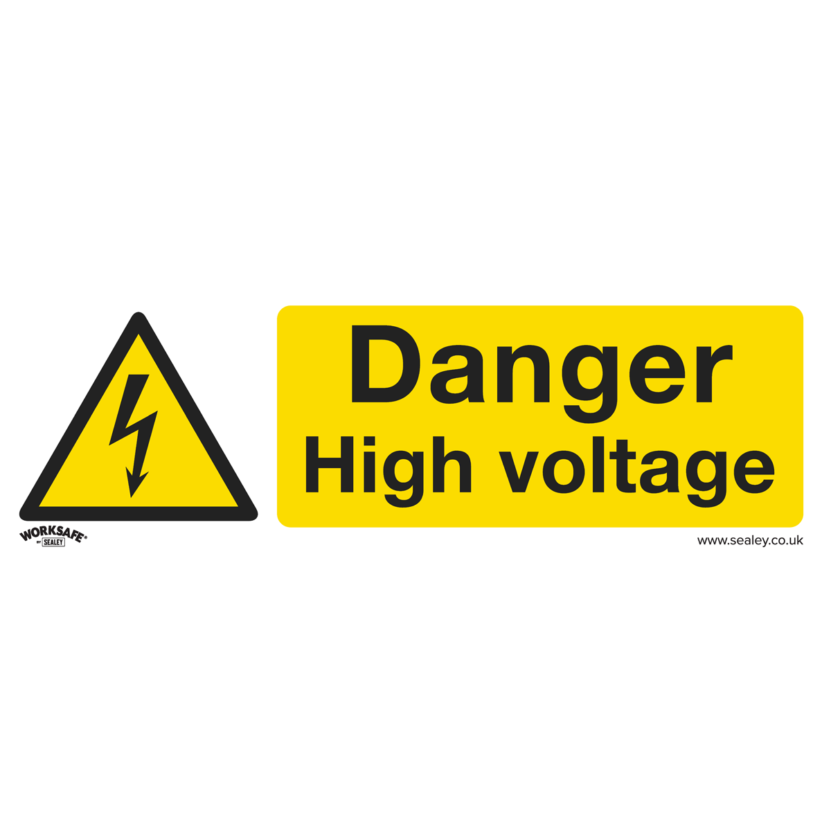 The Sealey Warning Safety Sign - Danger High Voltage (SS48P1), made of rigid plastic, features a prominent black triangle with a lightning bolt and the text "Danger High Voltage," making it ideal for office or commercial environments.