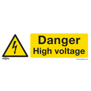 The Sealey Warning Safety Sign - Danger High Voltage (SS48P1), made of rigid plastic, features a prominent black triangle with a lightning bolt and the text "Danger High Voltage," making it ideal for office or commercial environments.