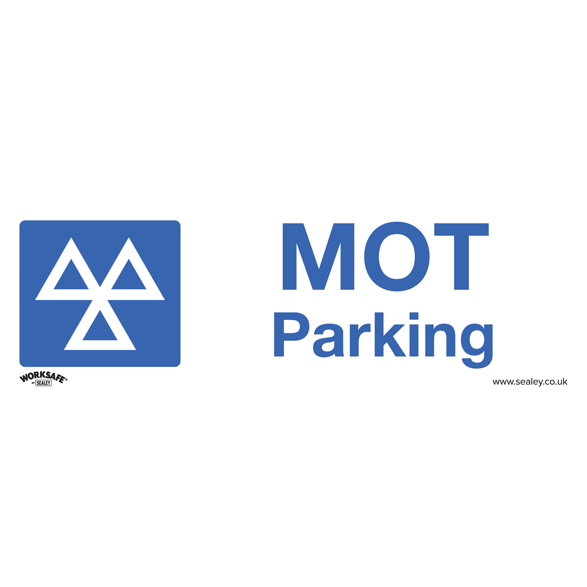 The Sealey Warning Safety Sign - MOT Parking, made of self-adhesive vinyl in blue and white and featuring a symbol alongside the text "MOT Parking," includes small print reading "www.sealey.co.uk" and "WORKSAFE series." Perfect for commercial environments, this pack of 10 ensures clear, professional signage.