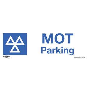 The Sealey Warning Safety Sign - MOT Parking, made of self-adhesive vinyl in blue and white and featuring a symbol alongside the text "MOT Parking," includes small print reading "www.sealey.co.uk" and "WORKSAFE series." Perfect for commercial environments, this pack of 10 ensures clear, professional signage.